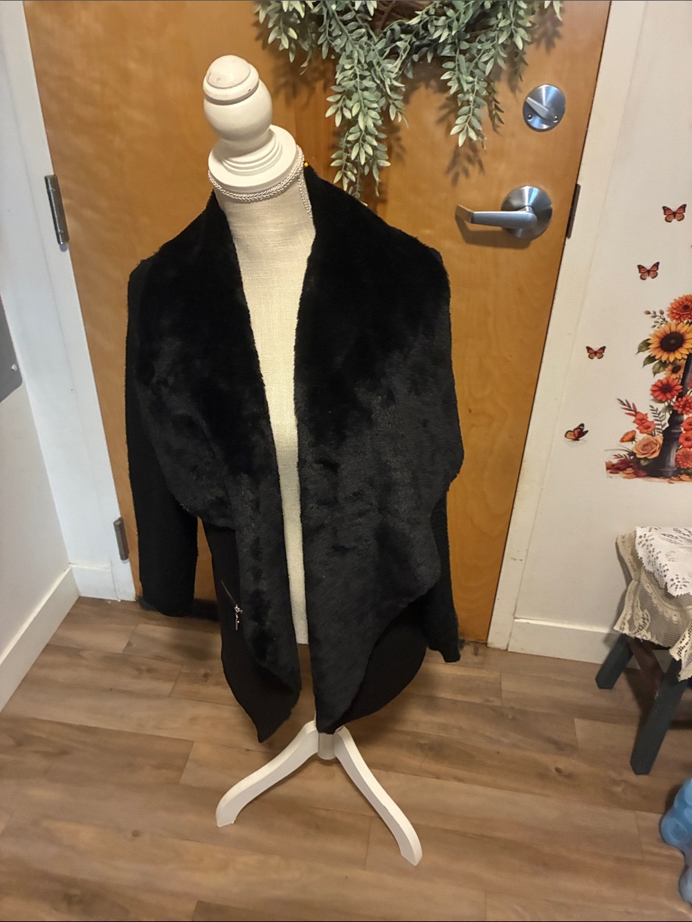 Plush Black Teddy Jacket with Draped Faux Fur Collar